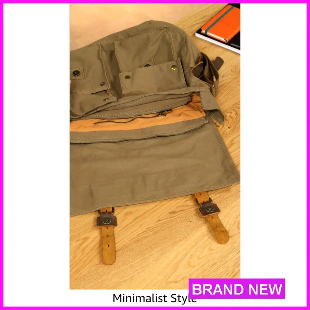 Vintage Military Leather Canvas Messenger Bag Fits 17-Inch Laptop